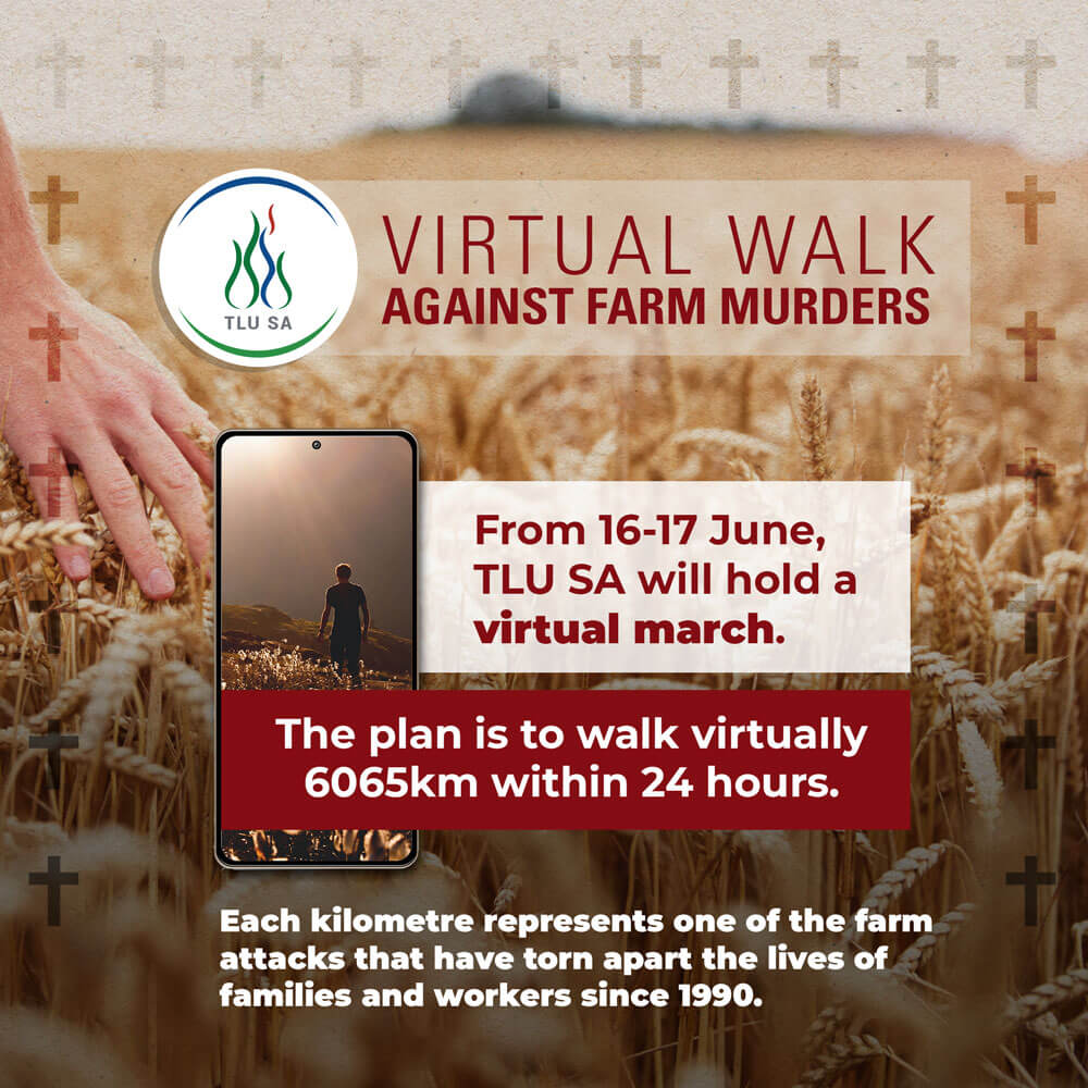 Social post: the plan is to walk virtually 6065km within 24 hours, each kilometre representing one farm attack since 1990